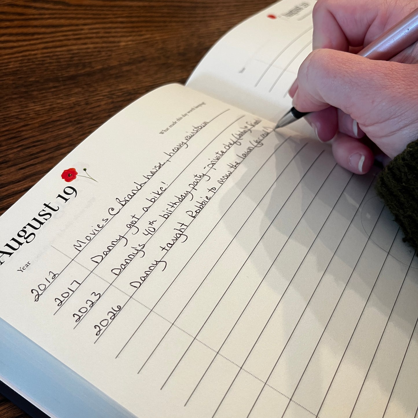 Handwritten entries stacked across multiple years in The Keeping Book undated memory journal