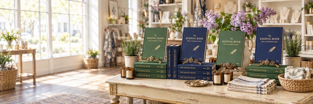 The Keeping Book displayed in a bookshop - undated heirloom journal by Garden Archive Press