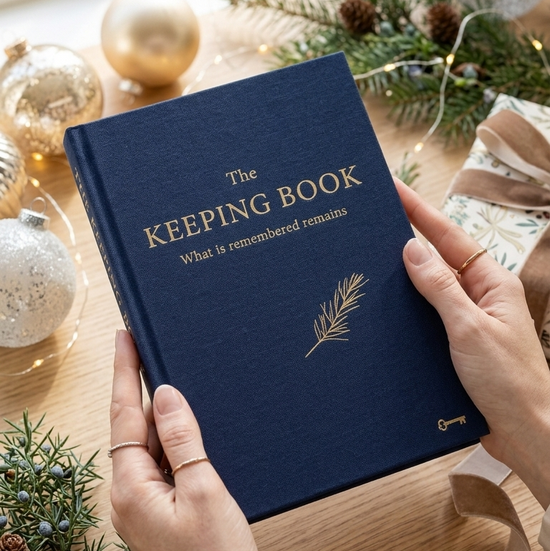 A navy blue hardcover journal titled 'The KEEPING BOOK' held by two hands on a wooden table decorated with pine branches, ornaments, and a window in the background.