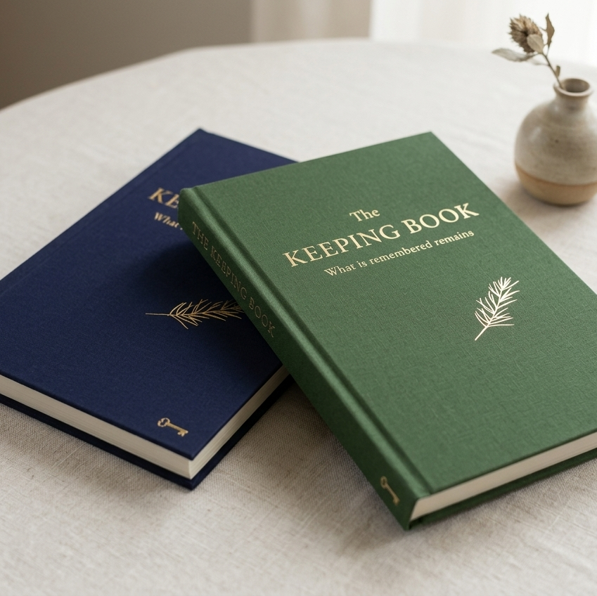 Two hardcover keepsake books, one in dark blue and one in forest green, both with gold lettering that reads 'The KEEPING BOOK' and a small gold botanical illustration. They are styled on a light beige linen-covered round table with a small ceramic vase in the background.